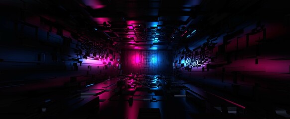 Obraz na płótnie Canvas Futuristic corridor with neon illumination background. Digital glowing red blue room in dark 3d render of spaceship. Tunnel with electronic circuits and techno interior