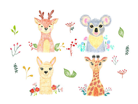  cute baby animals set.  giraffe, alpaca, koala and deer with flowers and leaves on a white background