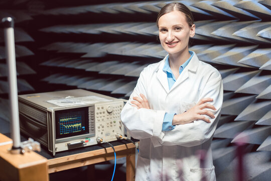 Engineer in a silent lab testing HF or sound equipment