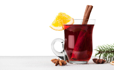 Fragrant mulled wine in glass isolated on white