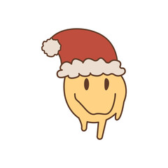 Psychedelic smile with Santa hat. Trippy smiling face. Merry Christmas and Happy New Year vector sticker in 60s 70s retro style. Groovy winter holiday elements. Positive hippie xmas icons. 