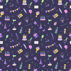 Happy Birthday. Seamless pattern with birthday elements. Cakes, gifts, balloons and more. Flat vector illustration in doodle style.