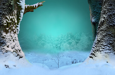 Winter forest landscape. Snowy trees, snowy branch, snow in the field on blue misty background