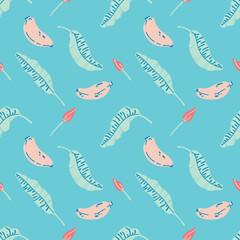 Banana pattern with individual elements on a blue background, leaves, fruits, flowers.
