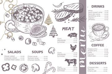 Christmas menu. Design template. Vector hand drawn illustration.	
