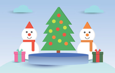 Vector podium of christmas day with snowman ,christmas tree and gift box. Illustration vector of Podium christmas day giftbox background sale concept. Use podium for X mas day festival , winter sale.
