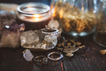 A very soft focus on a selection of minerals and traditional magical jewelry. Witch jewelry....