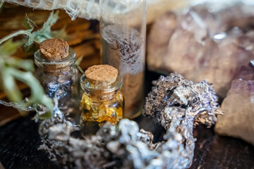 A very soft focus on a selection of minerals and traditional magical jewelry. Witch jewelry....