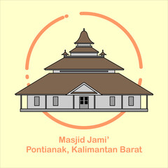 Landmark Jami' Mosque (masjid), Pontianak, Kalimantan barat in a simple flat vector style as a must-visit tourist location. Flat icons, line drawing designs, illustrations, templates, logo silhouettes