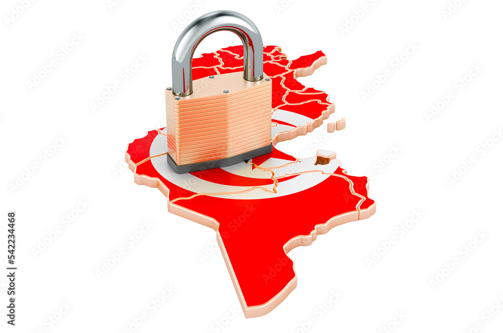 Poster lockdown in tunisia. padlock with map, border protection concept. 3d rendering