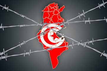Map of Tunisia with barbed wire, 3D rendering