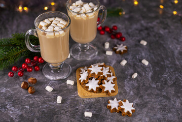 Christmas drink with cookies in the form of stars. Cocoa with marshmallows on a dark concrete background with garlands of lights. The concept of holiday recipes and winter menu. Happy New Year
