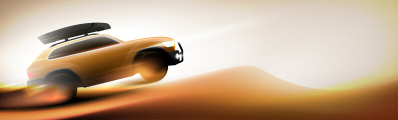 Yellow SUV bashing and jumping in desert on panoramic sunny sandy background with cargo carrier box on the roof. Car extreme sport, safari off road competition horizontal banner vector illustration. © Topuria Design