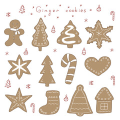 Christmas ginger cookies set vector illustration, hand drawing