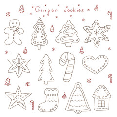 Christmas ginger cookies set vector illustration, hand drawing doodles