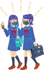マスクをした下校中の二人の女子高校生（青）