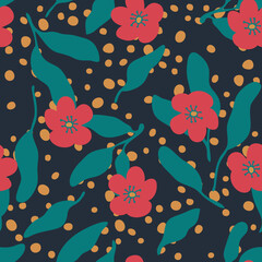 Botany retro seamless pattern with flowers and leaves. Boho print for fabric, paper, textile. Hand drawn vector illustration for decor and design.