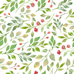 Watercolor seamless pattern with abstract red flowers, leaves, branches. Hand drawn floral illustration isolated on white background. For packaging, wrapping design or print. Vector EPS.