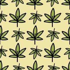 Seamless pattern with green leaves on light yellow background. Vector image. Doodle style.