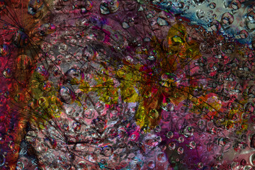Space abstraction. Striped spheres are located against the multicolored background with web silhouette. 3D render. 