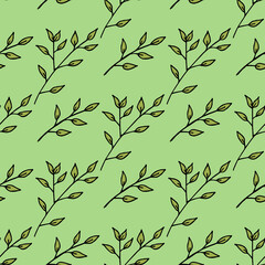 Seamless pattern with green branches on bright green background. Vector image. Doodle style.