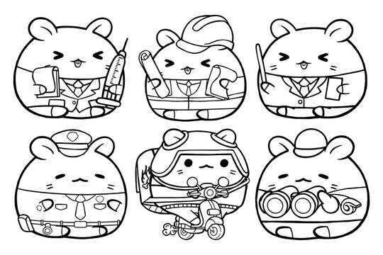 Set vector outline illustration of cute hamster character for coloring book