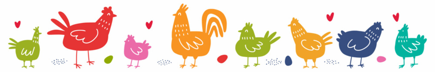 Vector horizontal pattern with a chicken family hand-drawn in the style of a doodle. Easter drawing.