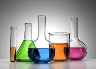 Realistic 3D Lab Equipment Test Tube, flask, beaker with colorful chemicals 3D Illustration
