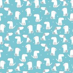 Funny dogs seamless pattern. Funny dogs and a food bowl. Vector background for design.