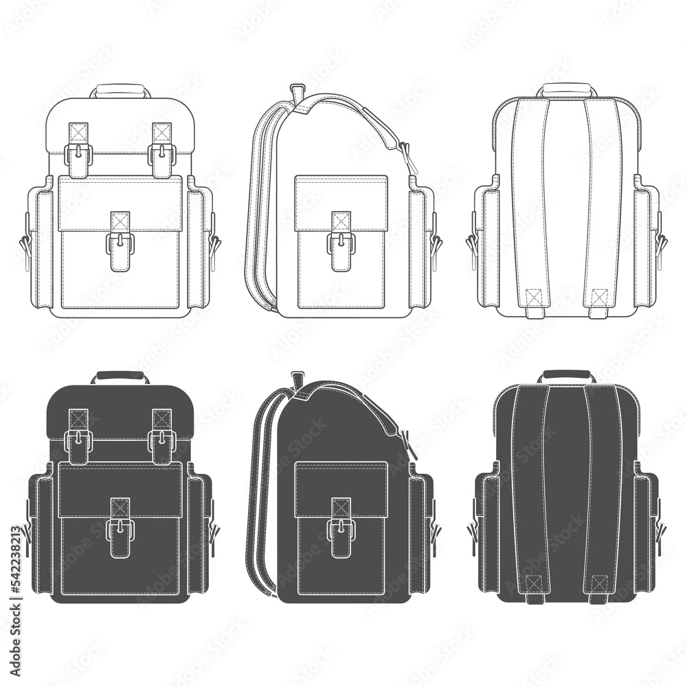 Aufkleber set of black and white illustrations with a backpack. isolated vector objects on white.