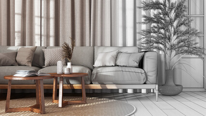 Architect interior designer concept: hand-drawn draft unfinished project that becomes real, farmhouse living room with curtains, fabric sofa and rattan carpet. Vintage retro style