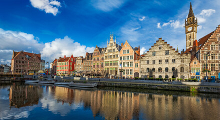Europe Belgium medieval town travel background - panorama of Ghent canal and Graslei street on...