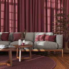 Japandi living room in wooden and red tones, close-up. Fabric sofa, rattan capet and curtains. Parquet floor, farmhouse interior design