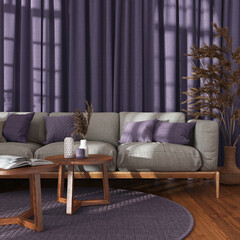 Japandi living room in wooden and violet tones, close-up. Fabric sofa, rattan capet and curtains. Parquet floor, farmhouse interior design