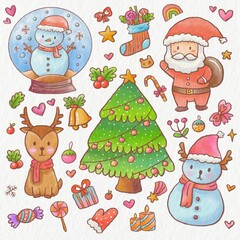 Christmas hand drawn cute watercolor cartoon illustration