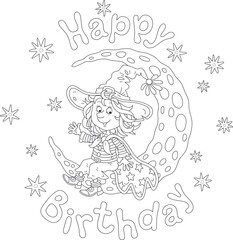 Happy birthday card with a funny little witch sitting on a shining crescent moon and waving in greeting on a mysterious starry night, black and white outline vector cartoon