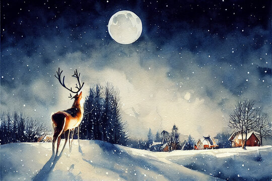 Winter forest and reindeer