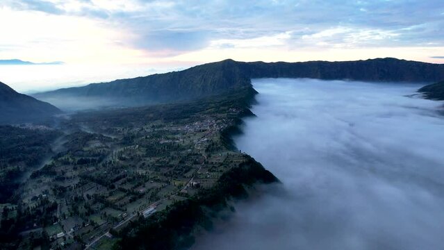 Aerial view of the Mount Bromo, is an active volcano and part of the Tengger massif, in East Java, Indonesia. 