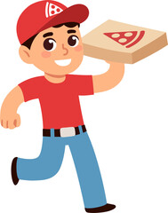 Cute cartoon pizza delivery boy holding pizza box with logo.