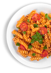 Pasta fusilli with bolognese tomato beef sauce on the kitchen table