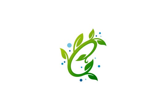 environment logo with letter e, green leaves and water bubbles shape combination concept