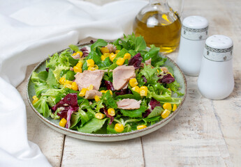 Healthy Green salad with tuna, lettuce, corn and olive oil