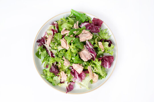 Tuna salad with lettuce, isolated on white background.