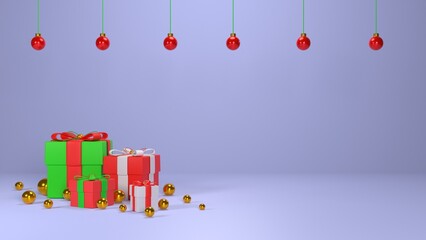 3D rendering of Christmas and new year background. Xmas presents with golden balls. Christmas theme with gift boxes and glass balls with free space for title