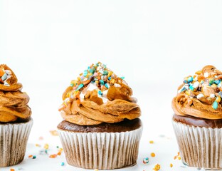 Hyper realistic illustration of chocolate cupcakes with colorful sprinkles on a white background