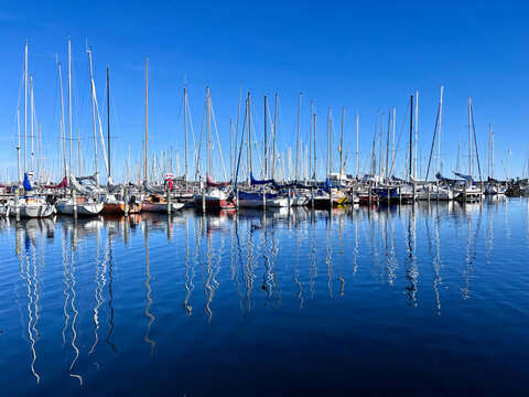 Yachts moored at harbour in Roskilde Fjord, Zealand, Denmark