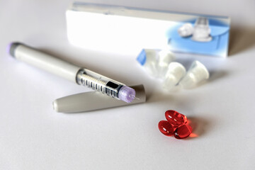 Insulin injection pen or insulin cartridge pen for diabetics. Medical equipment for diabetes...