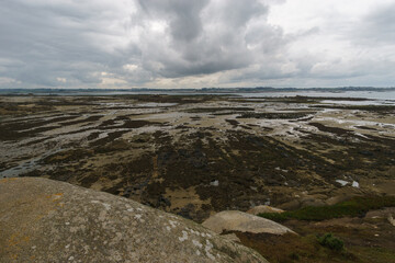 landscape with oyster farm at a bay during low tide french coast seen from the island of Callot,...
