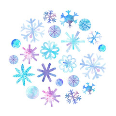 Watercolor round snow card. Collection of different snowflakes. Winter illustration, New Year, Christmas