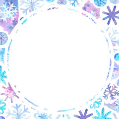 Watercolor round snow frame. Collection of different snowflakes. Winter illustration, New Year, Christmas